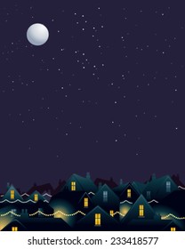 Vector illustration of a city skyline at night with festive Christmas lights under a starry moon lit sky 