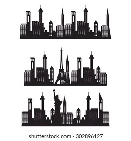 Vector illustration city skyline night. Black city silhouette. City vector icon set. Paris city skyline. New York city skyline
