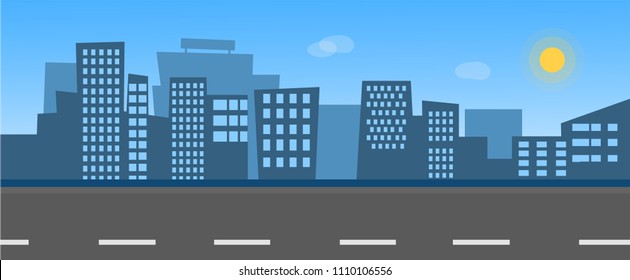 Vector illustration of city skyline with street. Background are blue sky with sun and clouds. Flat style for your design