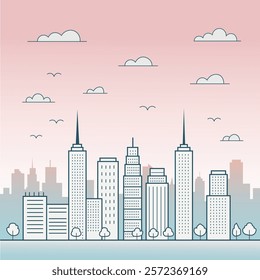 Vector Illustration of a City Skyline at Sunset