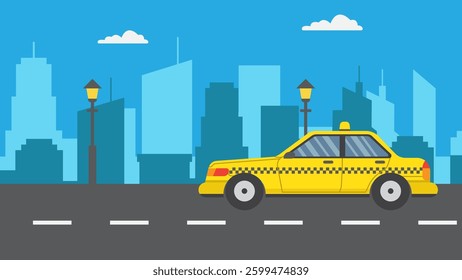 vector illustration of City Skyline View with a Yellow Taxi Driving on the Urban Road	