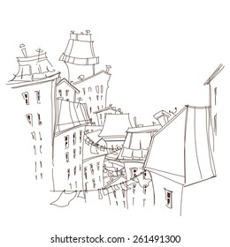 Vector illustration of city. City skylines in doodle style. sketch