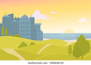 Vector illustration of a city from skyscrapers against the backdrop of the sea and sunset. Park with hills, city, sea and sunset. Background with skyscrapers on the beach in flat style.