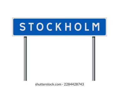 Vector illustration of the City of Stockholm (Sweden) entrance blue road sign on metallic poles