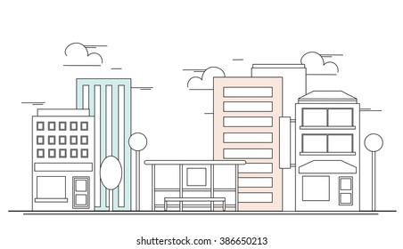 Vector illustration city. Stop, house, lantern.drawn  for graphic, web and motion design.