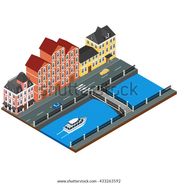 vector illustration. City street with\
buildings of old architecture, river embankment, bridge, road,\
cars. isometric, 3D,\
infographics