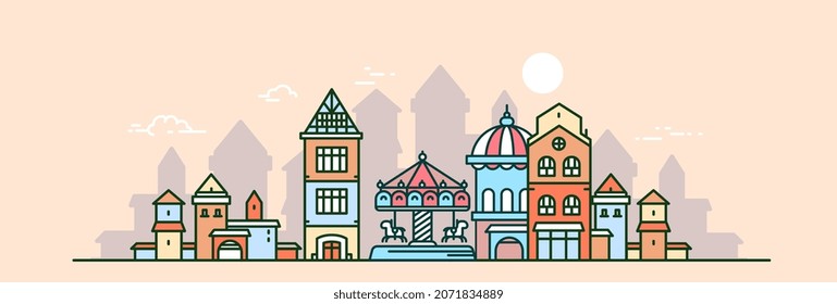 Vector illustration of city street with children carousel with horse on color sky background with sun and cloud. Line art style design of panorama of european city for web, site, banner, poster, flyer