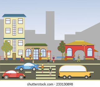 Vector illustration of a city street with colorful icons of cars, trees and buildings