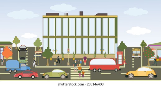 Vector illustration of a city street with colorful icons of cars, trees and buildings