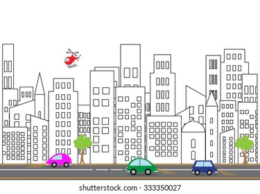 Vector illustration of a city street with colorful icons of cars