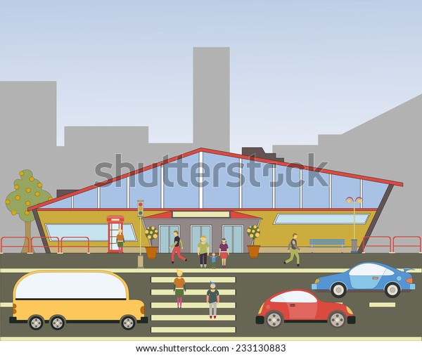 Vector illustration of a city street with\
colorful icons of cars, trees and\
buildings