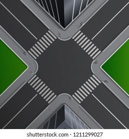 Vector illustration of city street concept with markings of pedestrian crossings, buildings and lown, crossroad without cars, top view