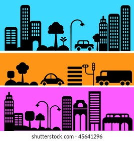 Vector Illustration Of A City Street With Icons Of Cars, Trees And Buildings