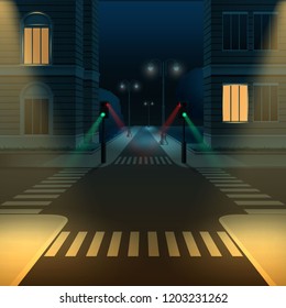 Vector Illustration Of City Street Road Intersection Or Crossroad With Traffic Lights At Dark Night