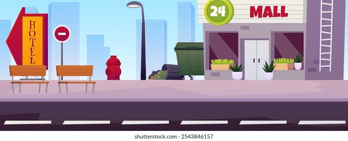 Vector illustration of a city street with a road, shopping mall, garbage bins, bench and signs. Cityscape panorama without people. Deserted street in flat cartoon style.