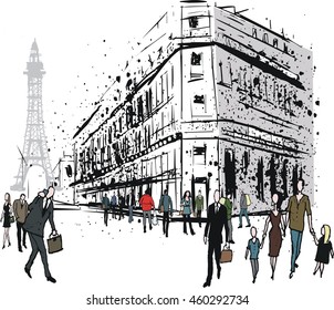 Vector Illustration Of City Street Scene Showing Old Paris Building With Pedestrians, France.