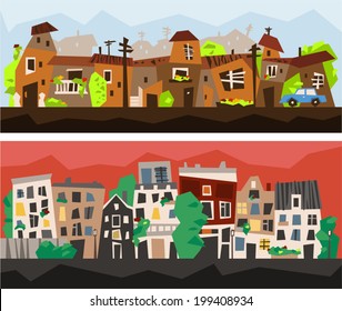Vector illustration of city streets on background of sunrise and sunset. Flat.