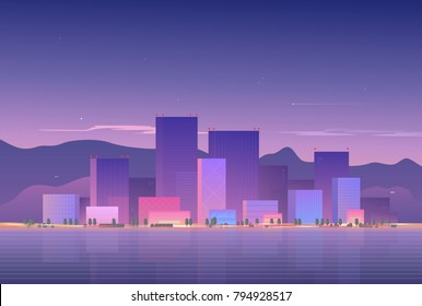 Vector illustration of a city at sunset