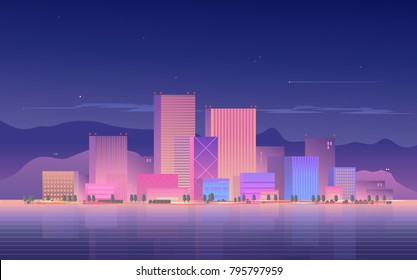 Vector illustration of a city at sunset