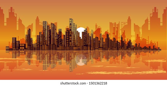 vector illustration of the city at the sunset with reflection on the water. modern cityscape by the ocean, building shapes and city lights