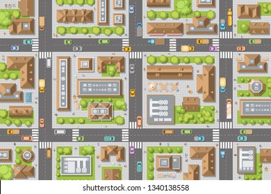 Vector illustration. City top view. Streets, houses, buildings, roads, crossroads,  trees, cars. (view from above) 