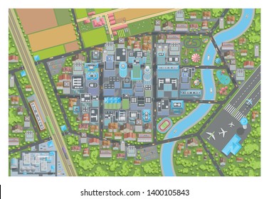 Vector illustration. City top view. Cityscapes view from above. Streets, houses, buildings, roads, parks, farm, field, factory, airport, suburb.