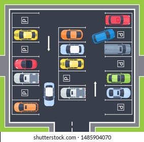 Vector illustration of city top view parking with cars in cartoon flat style. Urban traffic concept. Parking zone and parking lot. City transport services. Outdoor auto park for web banner