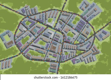 Vector illustration. City top view. 
Streets, houses, buildings, roads, crossroads, park, trees, cars. (view from above)