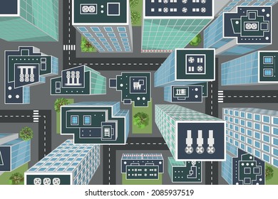 Ilustración vectorial. Vista superior de la ciudad. Perspectiva realista. Calles, casas, edificios, carreteras, cruces. (vista desde arriba) 