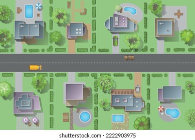 Vector illustration. City top view. Streets, houses, buildings, road, pools, trees, cars, green fence. (view from above) 