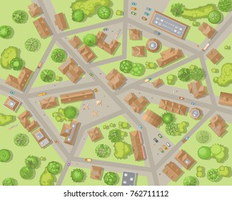 Vector illustration. City top view.
Streets, houses, buildings, roads, crossroads, trees, cars. Cityscape. (view from above) 