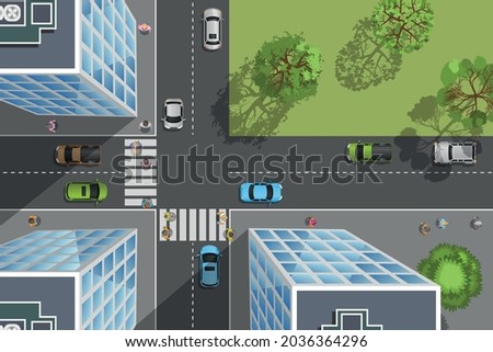 Vector illustration. City top view. Streets, houses, buildings, roads, crossroads,  trees, cars. (view from above) 