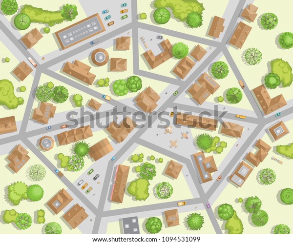 Vector illustration. City top view. Streets, houses,\
buildings, roads, crossroads, trees, cars. Cityscape. (view from\
above) 