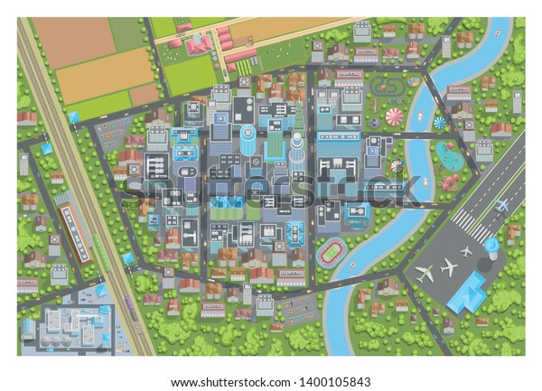 ベクターイラスト 都市の平面図 上から見た都市景観 通り 家 建物 道路 公園 農場 畑 工場 空港 郊外 のベクター画像素材 ロイヤリティフリー