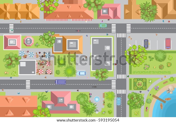 ベクターイラスト 都市の平面図 上から見た都市景観 通り 家 建物 道路 公園 車 人 木 のベクター画像素材 ロイヤリティフリー