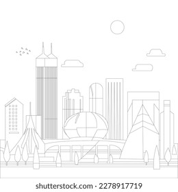 Vector illustration of city, town in linear style - buildings, skyscraper, park, factory, museum and trees. Thin line art icons.