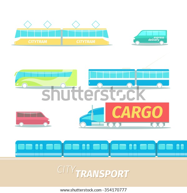 Vector illustration of city transport such as tram,\
trolley, bus, subway train, truck, car of  fast shipping service in\
flat style