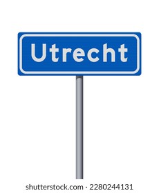 Vector illustration of the City of Utrecht (Netherlands) entrance blue road sign on metallic pole