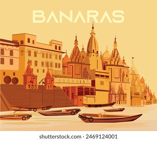 Vektorillustration der Stadt Varanasi mit Flussganges in Indien