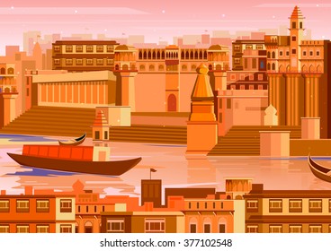 vector illustration of city of  Varanasi with river ganges in India