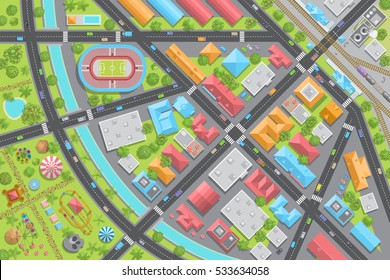 Vector illustration. City view from above. Streets, houses, buildings, roads, crossroads, park, station, stadium, trees, cars. (top view) 