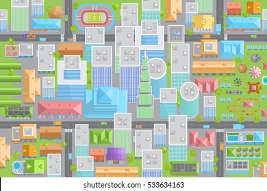 Vector illustration. City view from above. Streets, skyscrapers, houses, buildings, roads, crossroads, park, stadium, trees, cars. (top view)
