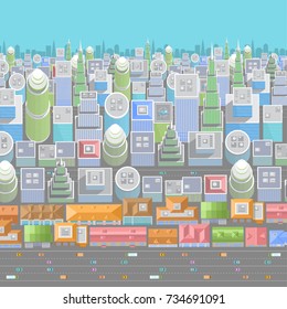 Vector illustration. City view from above. Cityscape top view. Streets, skyscrapers, houses, buildings, roads. 