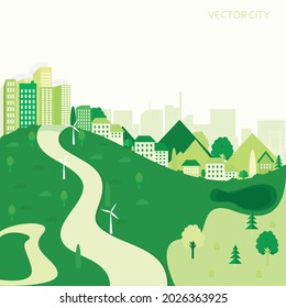 Vector illustration of a city view with houses and windmills. Green city with suburban houses. Vector poster.