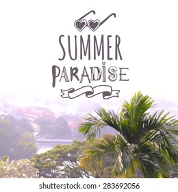   Vector illustration with city views from a palm tree. Summer dawn. Tropical landscape. Hello summer. Summer paradise.