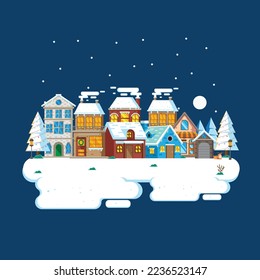 Ilustración vectorial del paisaje de la ciudad・en invierno con diseño plano
