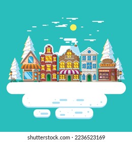 Ilustración vectorial del paisaje de la ciudad・en invierno con diseño plano