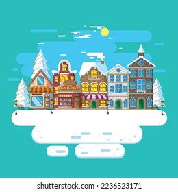 Vector illustration of city ​​landscape in winter with flat design
