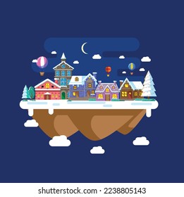 Vector illustration of city ​​landscape in winter at night with flat design style