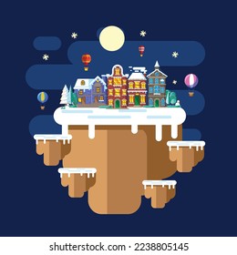 Vektorgrafik von ​ ​ Landschaft im Winter bei Nacht mit flachem Design-Stil